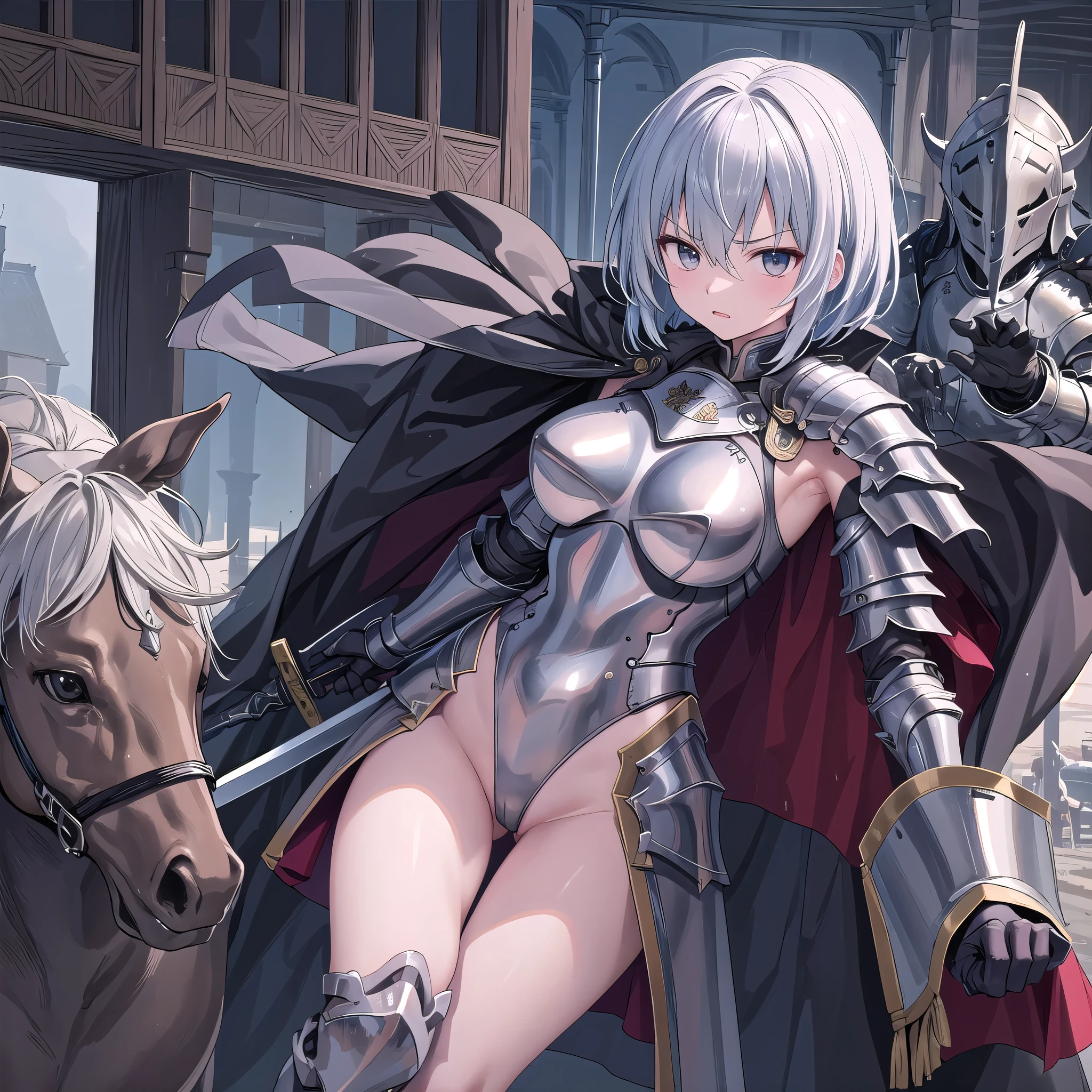 Female General、female knight、Armpit、leotard、High leg、Shiny steel armor、Sword in hand、Accompanied by knights、Cape、Serious expression、Open your mouth wide、Riding a horse、A large number of soldiers