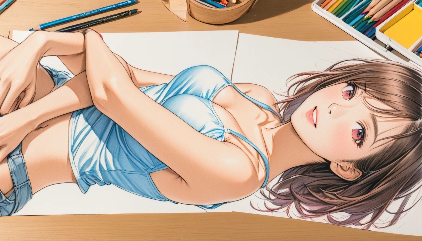  woman，Short camisole，white，art，advertisement，Colored pencil drawing，draft 