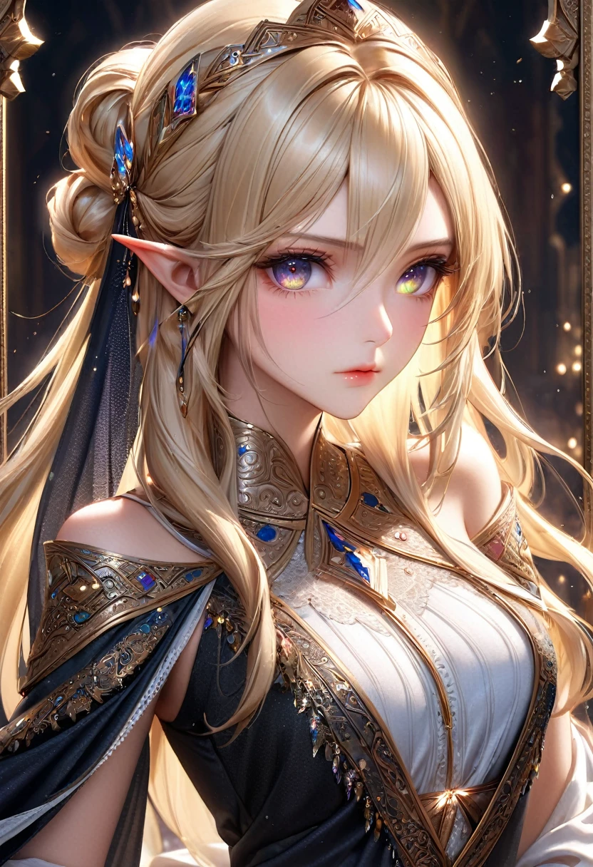 best quality, super fine, 16k, ultra realism, incredibly absurdres, extremely detailed, delicate and dynamic, cool and beautiful pretty elf woman, blonde half-up hairstyle, blonde princess cut hairstyle, blonde hime-cut hairstyle, captivating look, aroused expression, tall and stylish, Arabian style outfit, wonderful effects that highlight the subject, gorgeously decorated frame, gorgeously decorated picture frame, transparent translucent glowing iridescent eyes