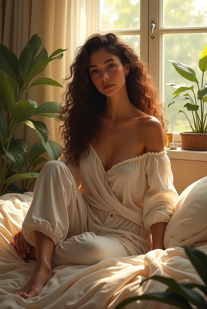 (photorealism:1.2), beautiful woman, sitting on bed, wearing loose off-shoulder top, pajama pants, long curly hair, indoors, soft lighting, plants in background, window with sunlight, cozy room, relaxed pose, realistic, intricate details, warm colors, by Greg Rutkowski, by Alphonse Mucha