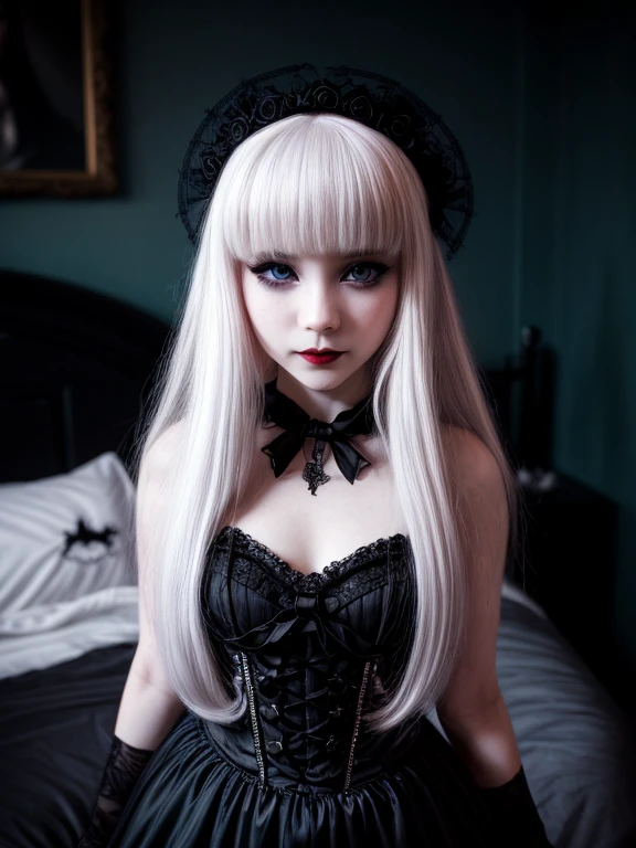 female sexy vampire|albino, pale porcelain skin, sexy vintage black dress, black panties, fishnet, (6 years old, loli:1.8), smile, shallow depth of field, grin|creepy, nightfall, detailed face, night, wide hips, narrow waist, portrait of woman standing, detailed eyes, portrait of woman standing, 8k RAW photo, highest quality, looking at the viewer, best shadow, intricate details, white hair, pigtails, cute, bright white eyes, mascara, eyeshadow, gothic makeup, (night:1.4), dark forest, night, grave, gothic, goth detailed, highres, high qualilty, high saturation