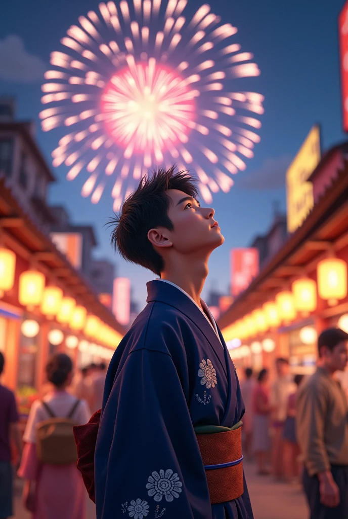 Summer festival, navy blue yukata, fireworks, young man