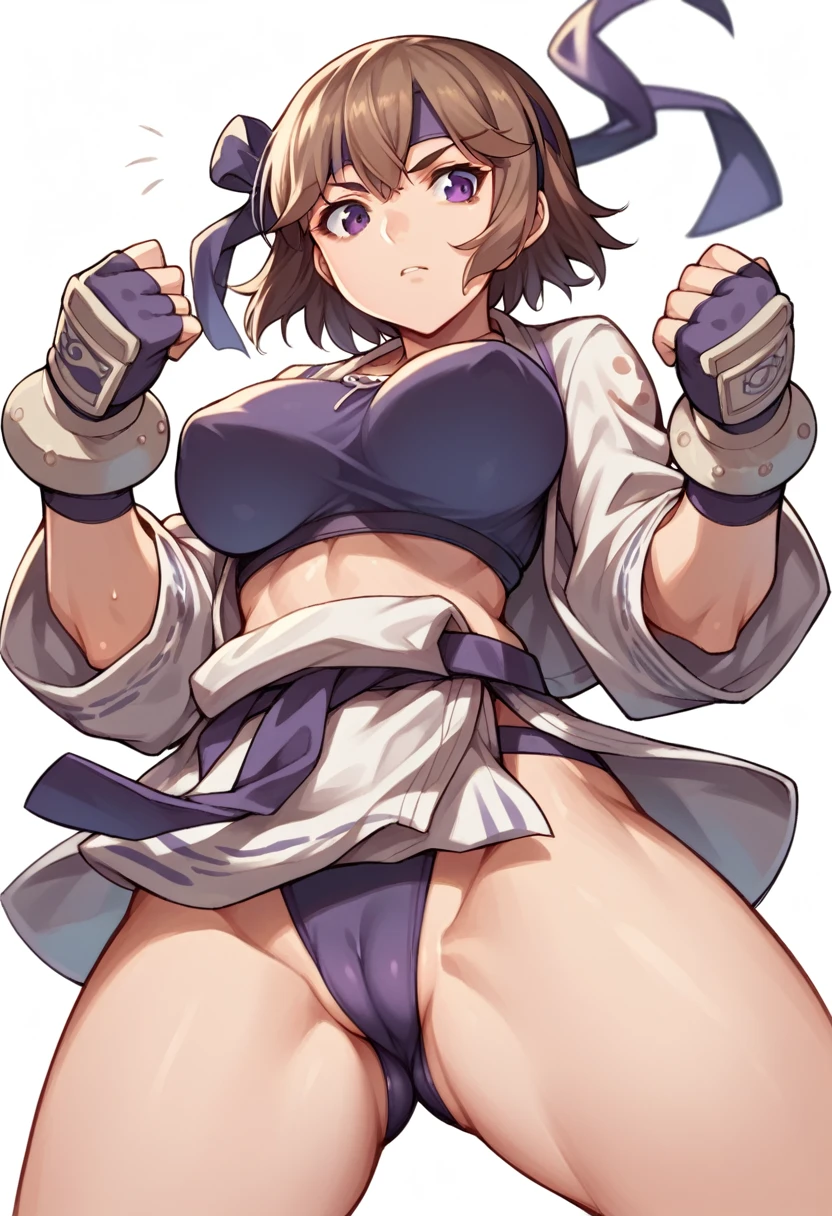 rinooyama,1girl,belt,brown hair,dougi,gloves,fingerless gloves,headband,headwear,purple eyes,short hair,cameltoe,large breasts,