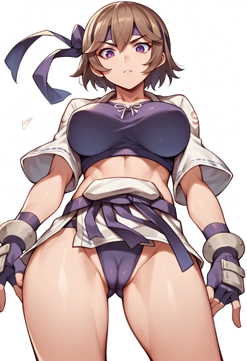 rinooyama,1girl,belt,brown hair,dougi,gloves,fingerless gloves,headband,headwear,purple eyes,short hair,cameltoe,large breasts,