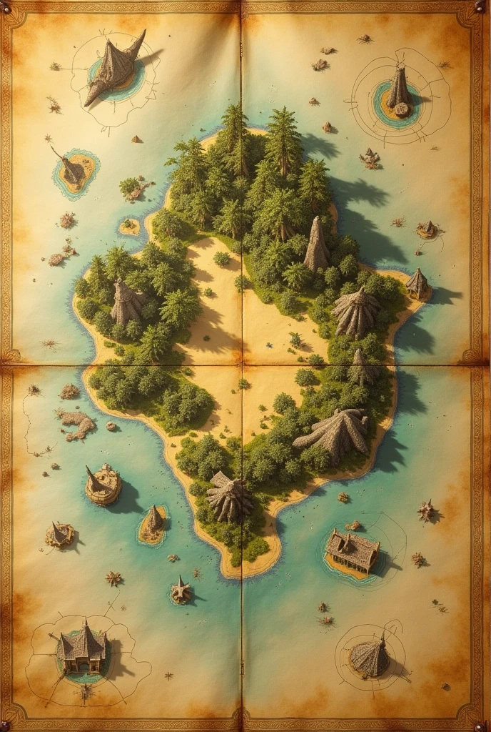 fantasy world map with one big continent paradise in the center and some small islands around, you can generate names and give them yourself. The map is made in the style of an old map on canvas with a yellow color.
