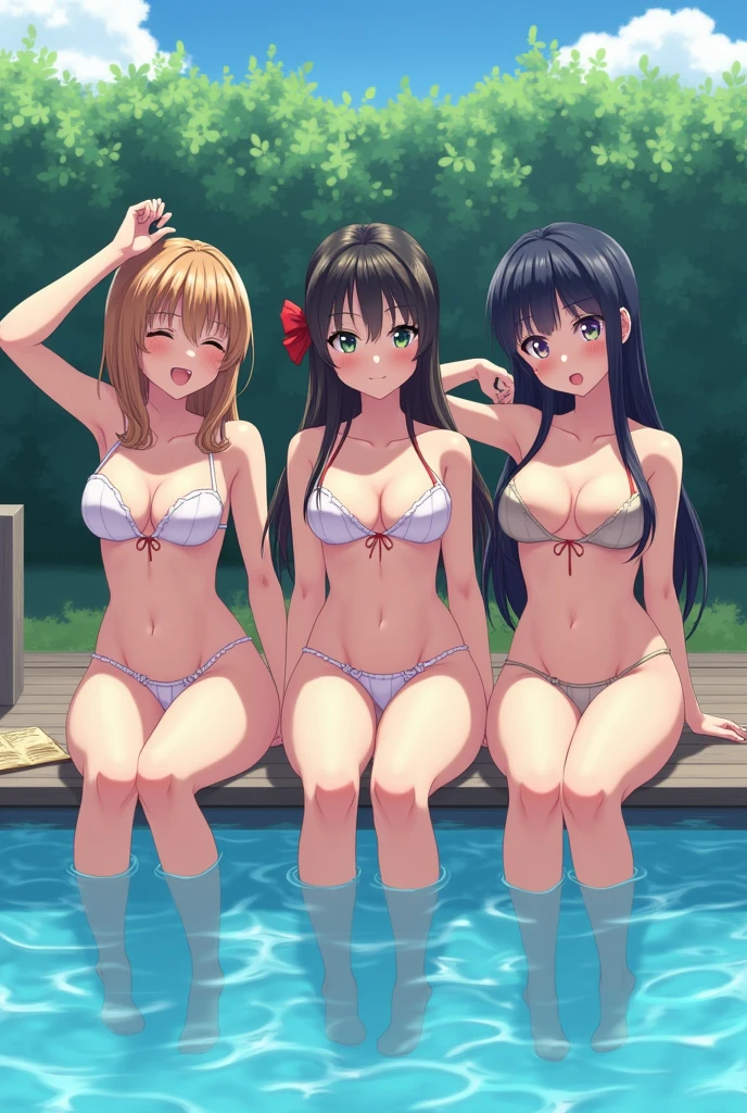 6 girls sitting naked with big asses touching their anime asses in a pool