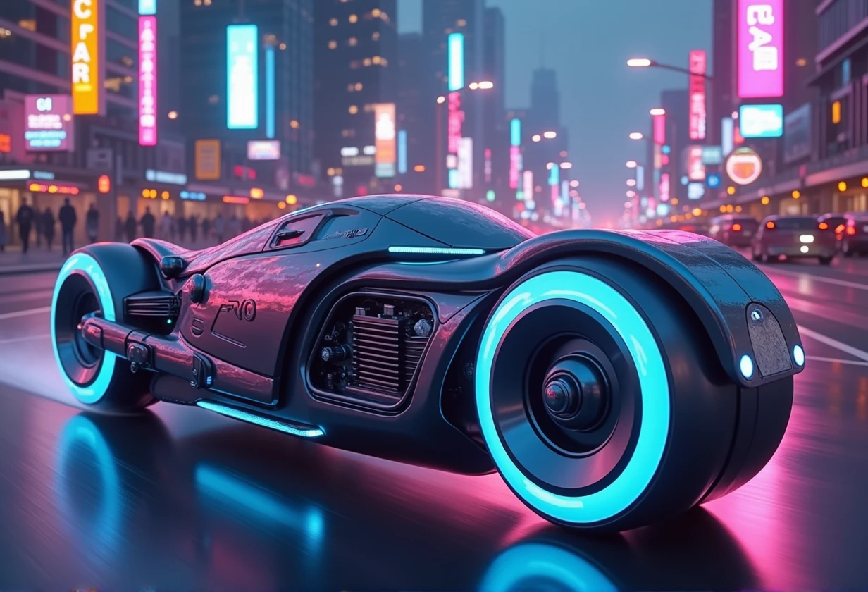 A sleek, futuristic motorcycle with a metallic finish, zooming through a neon-lit cityscape at night.