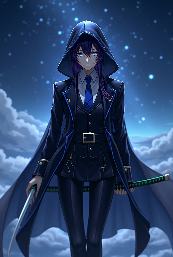 An Assassin with hair with a black-purple Mina Ashiro style hairstyle with white eyes and Lemon Irvine eye design in a black and blue Scissor Seven Tertin style suit. It would be Doctor Yosano. She has a green and white katana with a background of a landscape with stars.