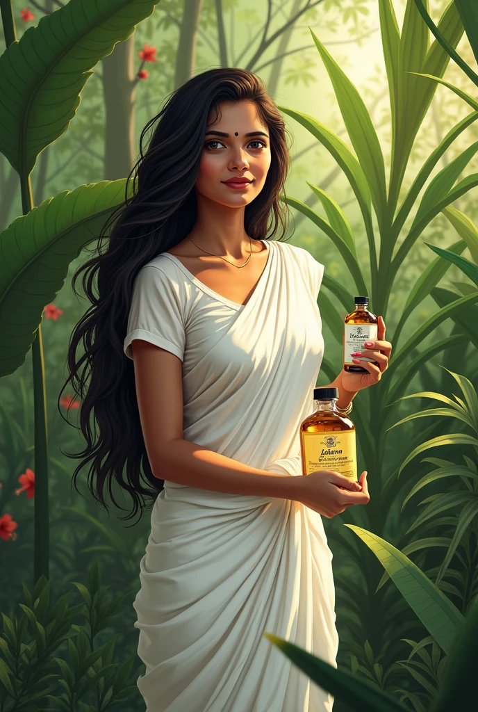 keralite woman with long hair in white saree with blouse holding in hand "Lakshmi Kachenna" hair oil in pet bottle surrounded by plants like Thulasi, Hibiscus, aloe vera, bhamhi, bringaraj etc in background