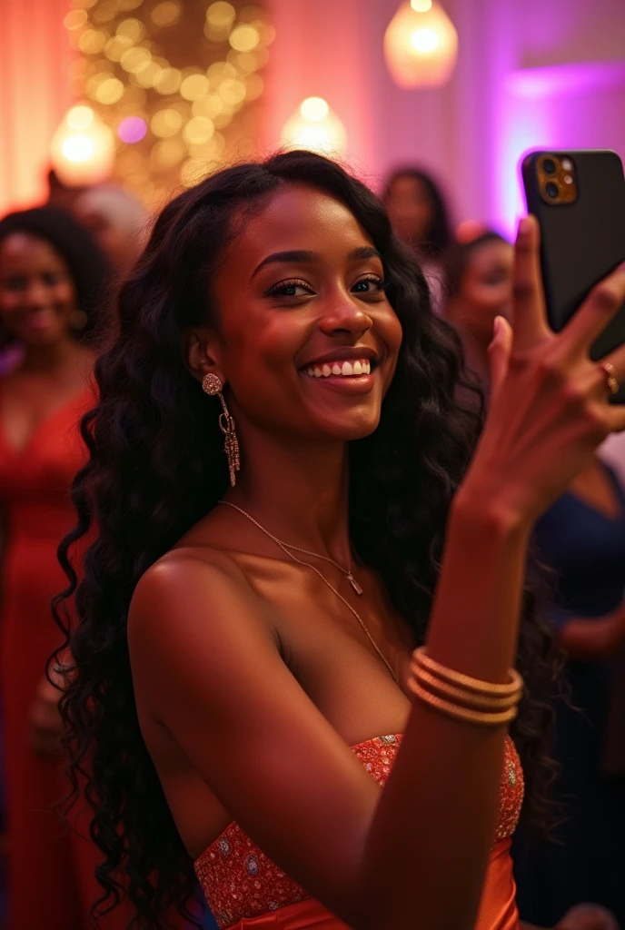  there is a black woman , the woman has, she has dark skin, with dark brownish skin, with long curly, long black loose moisturised curly hair she is taking a selfie at a wedding party 