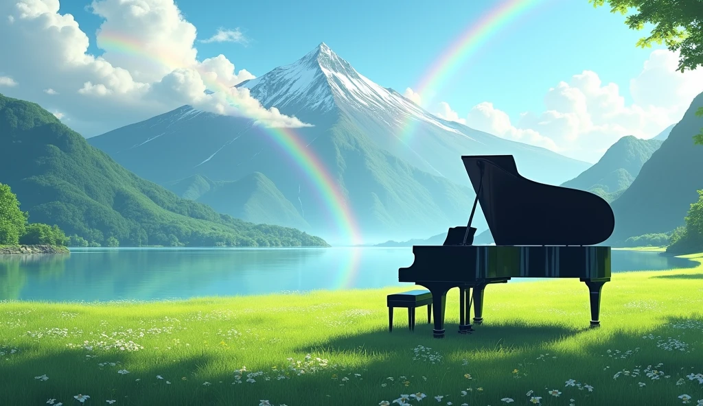 「A black grand piano standing in a lush green field、A rainbow over a lake and a majestic mountain range、Tranquil scenery」
Big rainbow arch light: Asahi、Soft light season: Summer painting style: Photo style、
others: fog、Colorful flowers、