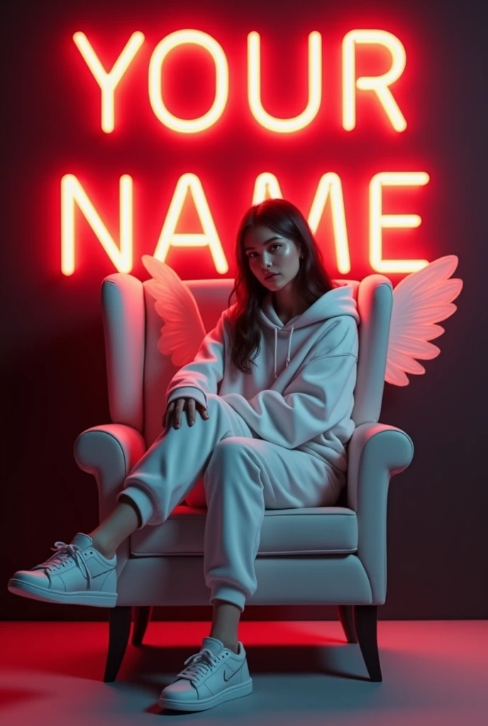 Create a 3D illusion for a profile picture where a 25 Year old girl in a white hoodie Sitting casually on a Wingback Chair. Wearing sneakers, a white, She looks ahead. The background features "Your Name" in big and capital red neon light fonts on the black wall. There should not be his shadow, and there are wings to make it appear as if he is an angel.