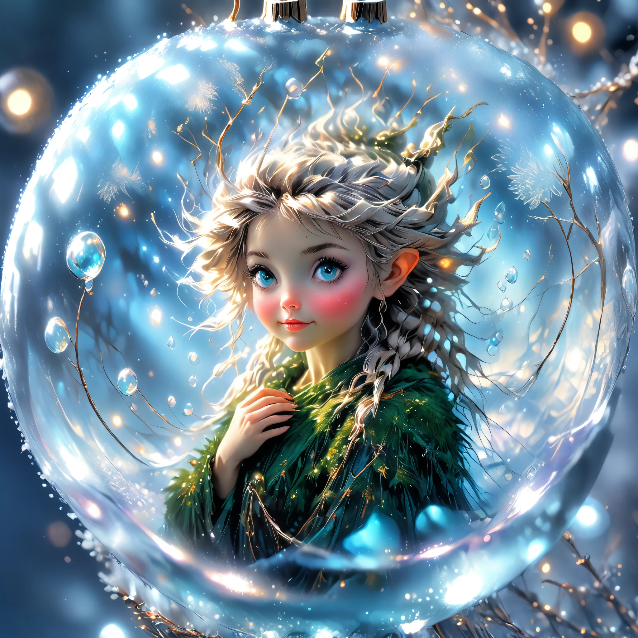 beautiful fairy trapped in a magical hairy frost ice bubble,comic realism art style oils,