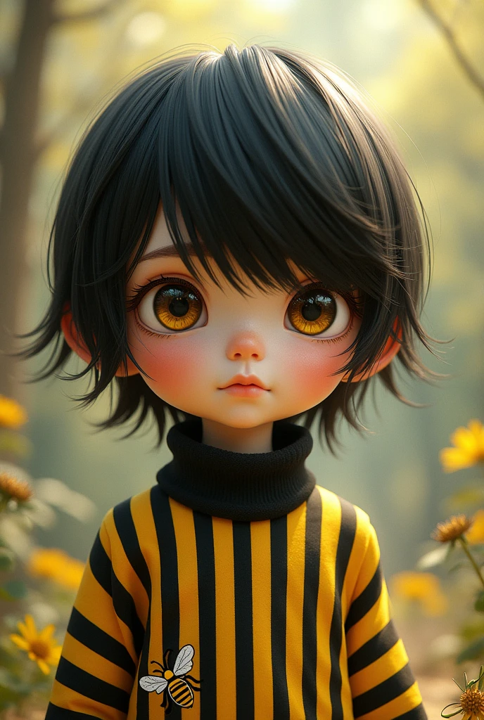 A boy with big, voluminous straight hair in a black and yellow striped outfit with a bee design