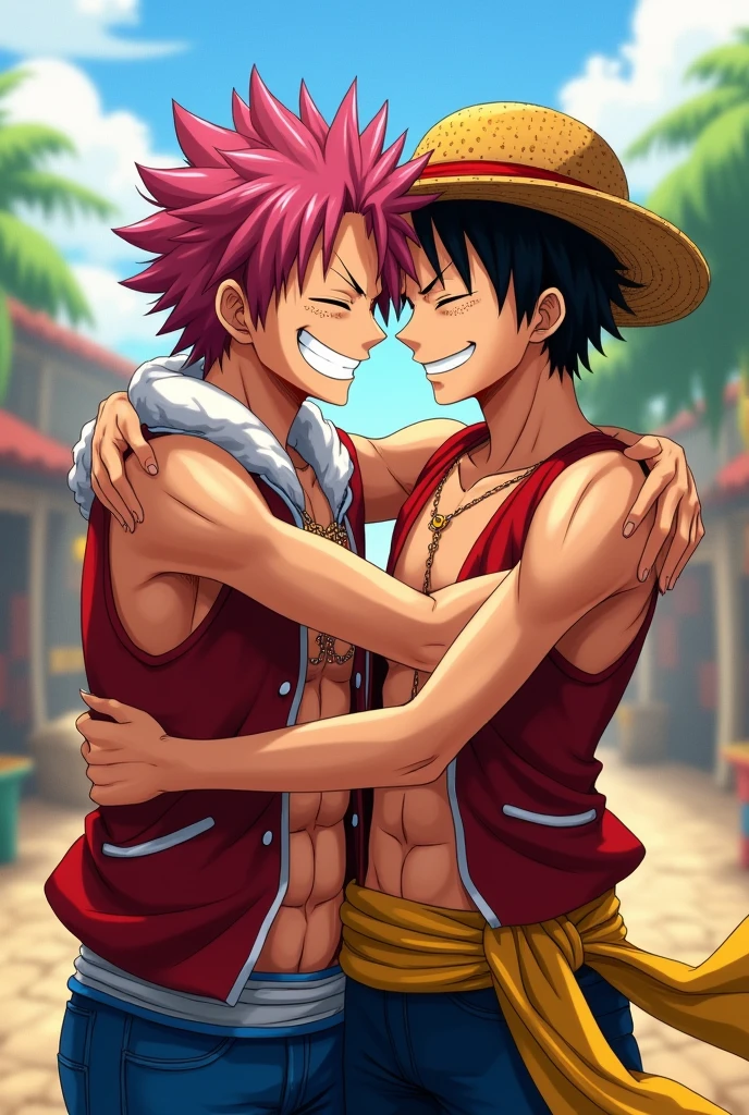 Natsu abraçando junto com o luffy
