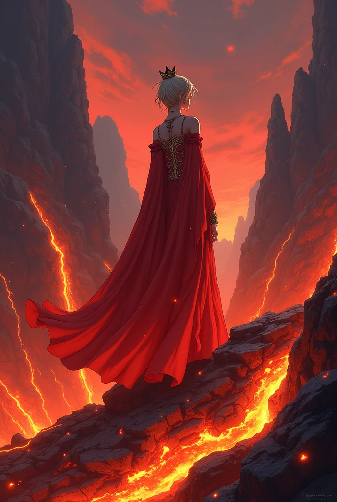 Create an anime image of a queen wearing a vermilion dress made of lava standing on top of a lava mountain with her back to the viewer and looking towards the cliff.
