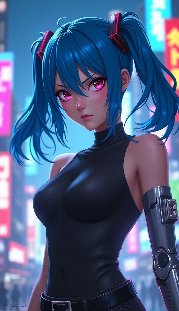 Cyberpunk anime heroine, blue hair, metallic arm, neon city background, determined expression.
