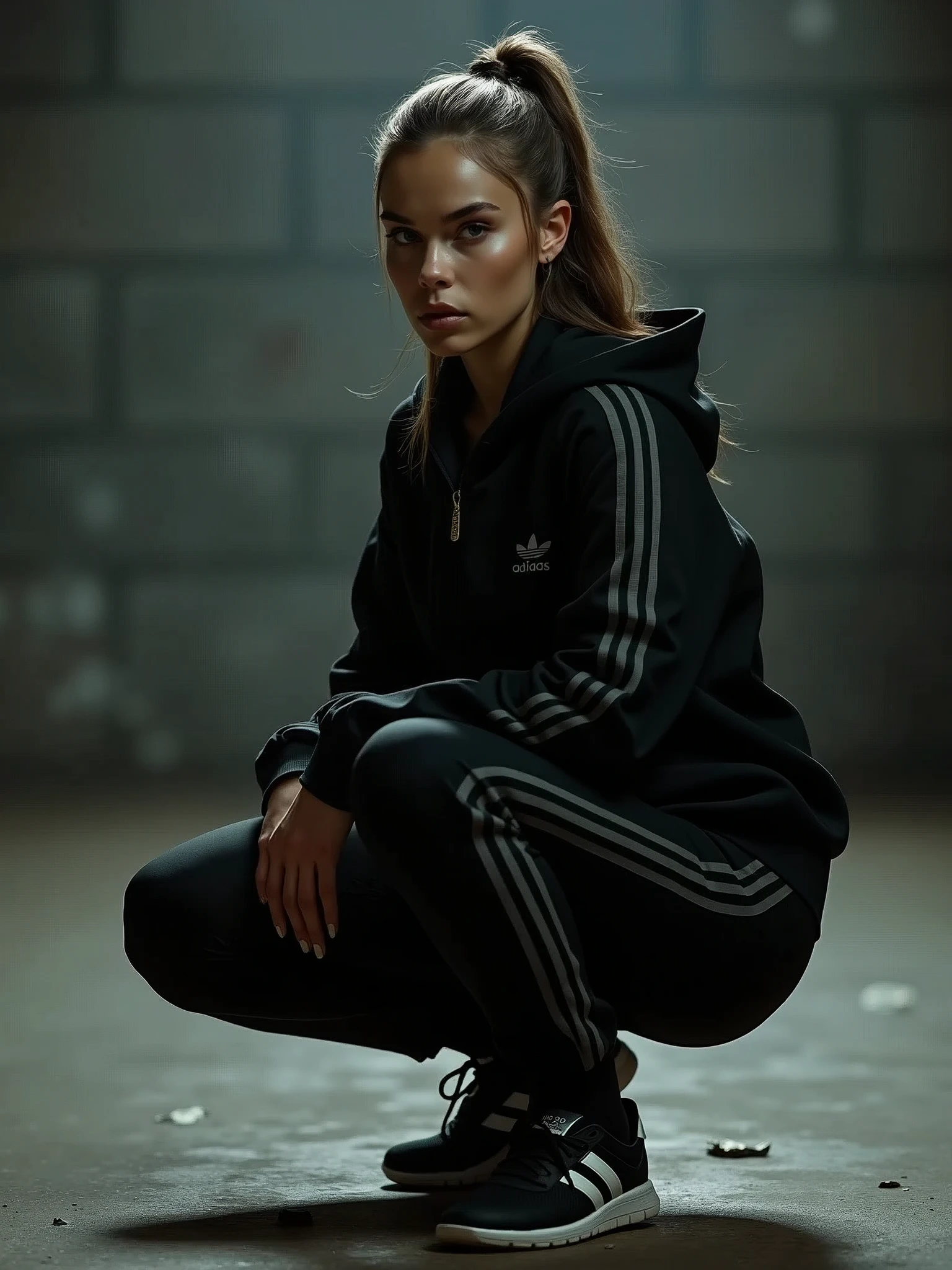woman in black adidas tracksuit squatting, shade, ava max, images on sales site, slavic style, model photo, man in adidas tracksuit, photorealistc, hats, emoji, russian clothes, application