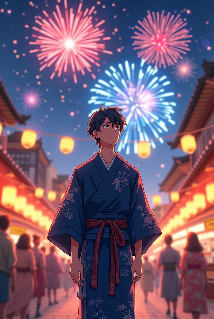 Summer festival, navy blue yukata, fireworks, young man, anime