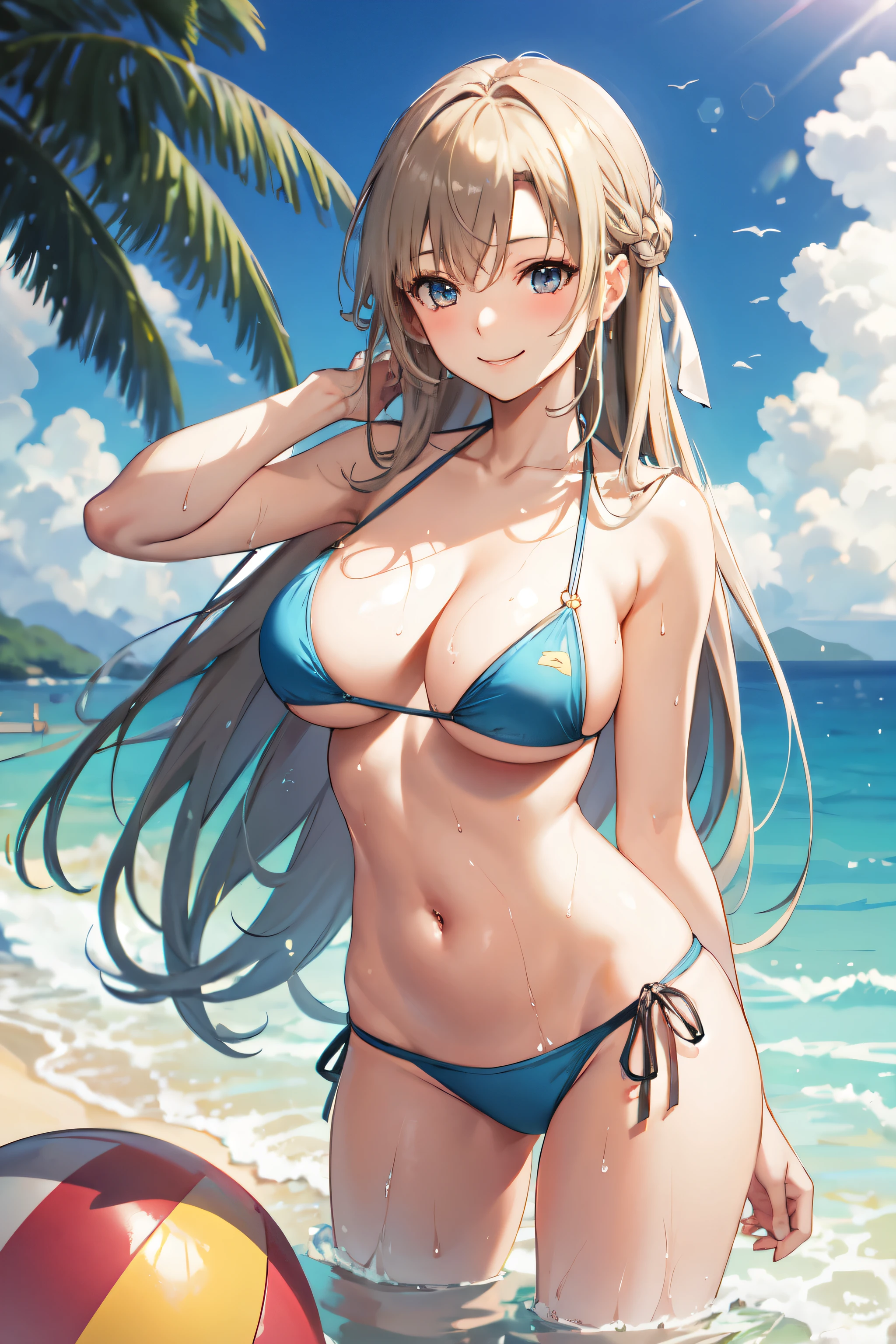 One girl, alone, Asuna, Long Hair, Large Breasts, Cleavage, Thighs, (bikini), Are standing, Beach Sea, (Soaking wet:1.1), smile, Fine hand