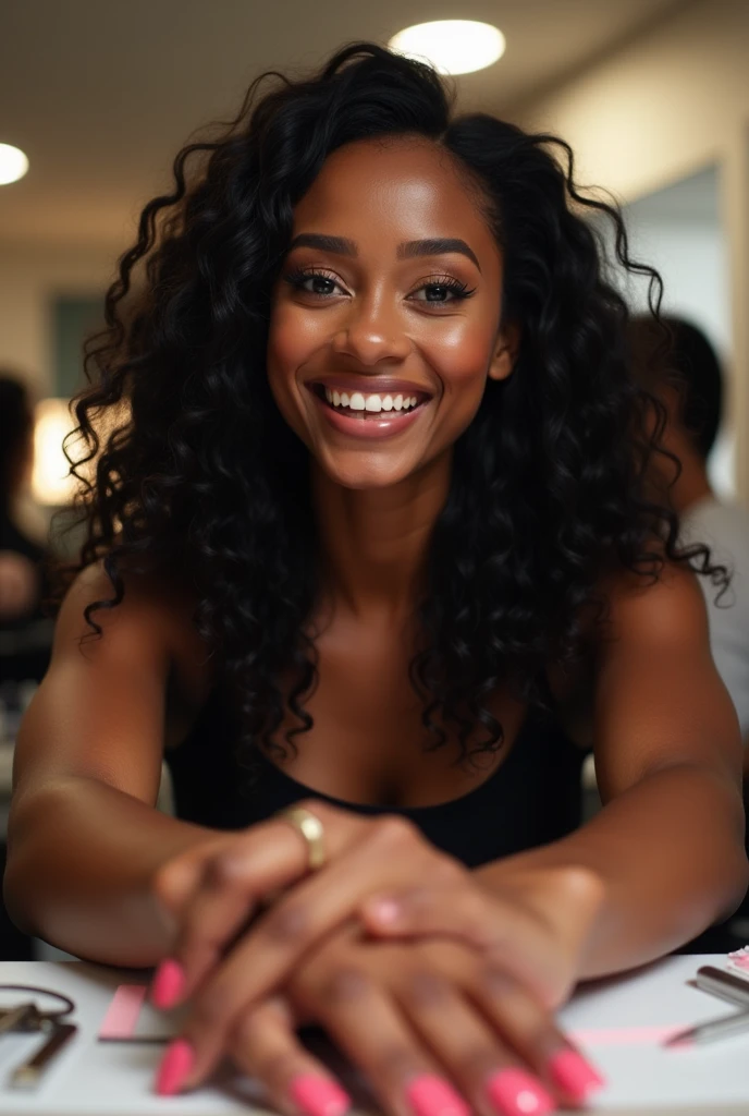  there is a black woman , the woman has, she has dark skin, with dark brownish skin, with long curly, long black loose moisturised curly hair she is taking a selfie whilst getting her nails done at a shop