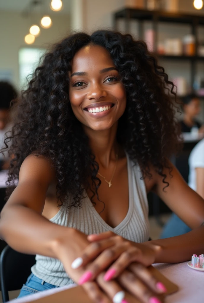  there is a black woman , the woman has, she has dark skin, with dark brownish skin, with long curly, long black loose moisturised curly hair she is taking a selfie whilst getting her nails done at a shop