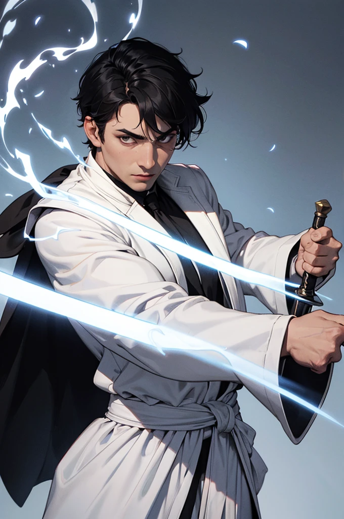 naughty man, man, boy, magician, short black hair, white robe, black jersey, magic sword