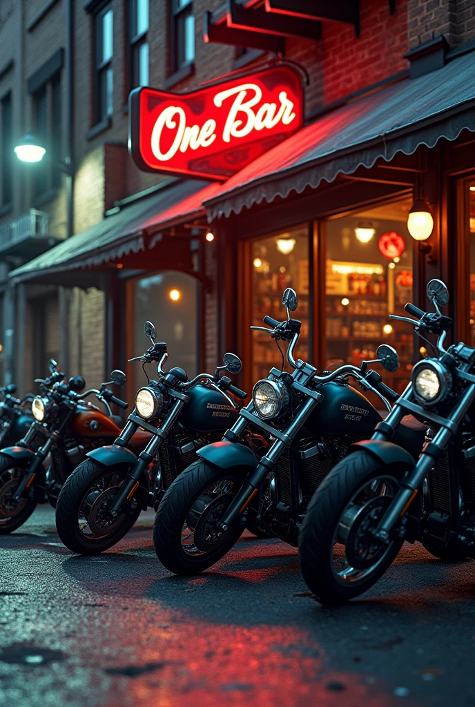 Motorcycles parked in front of a bar