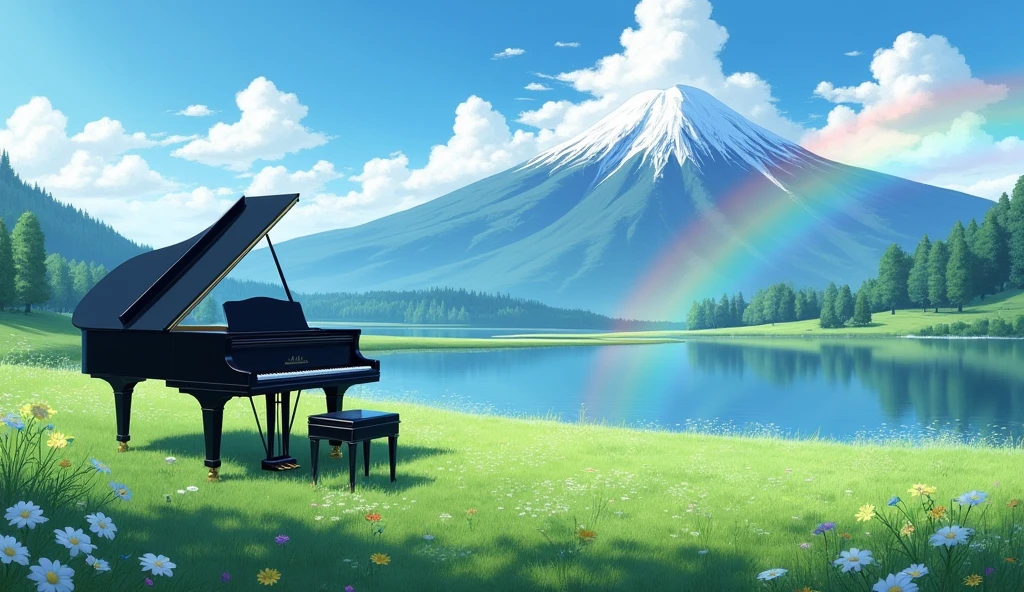 「A black grand piano standing in a lush green field、A rainbow over a lake and a majestic mountain range、Tranquil scenery」
Big rainbow arch light: Asahi、Soft light season: Summer painting style: Photo style、
others: fog、Colorful flowers、
