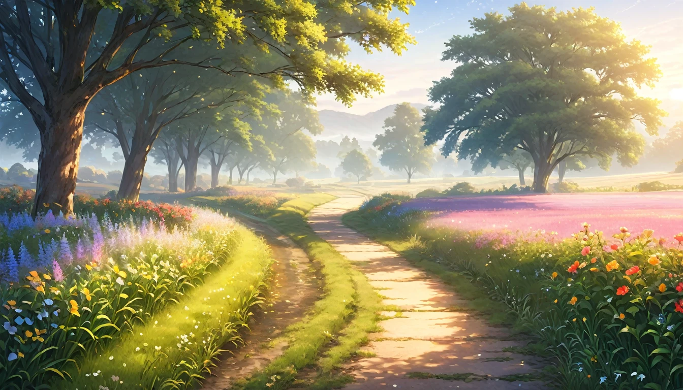 a beautiful country path at dawn, early morning dew on the flowers, serene countryside landscape, (best quality,4k,8k,highres,masterpiece:1.2),ultra-detailed,(realistic,photorealistic,photo-realistic:1.37),intricate details,delicate flowers,dewy grass,soft natural lighting,warm color tones,serene atmosphere,anime art style,vibrant colors