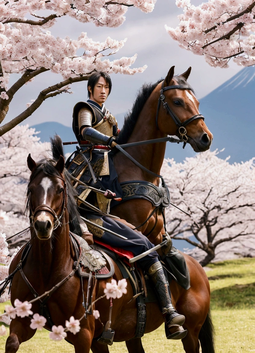 a potrait of a man  with horse weilding  a sword, masamune date, japanese warrior, samurai warrior, a sprawling battlefield in the heart of springtime Japan, with delicate cherry blossoms in full bloom, the petals gently fall over a vast landscape, contrasting with the intense scene of battle, traditional Japanese warriors, clan in ornate samurai armor, rolling hills 