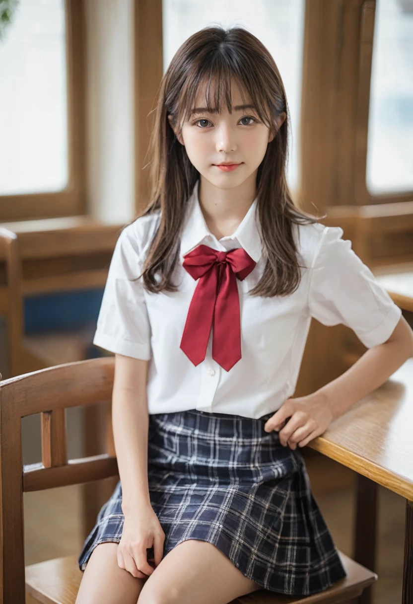 masterpiece、High resolution、Japanese Girls、12 years old、short、Please sit down、Show me your underwear、Cute light panties((school uniform、blouse、Check skirt))Spread your legs obscenely、Panties are digging in、Young Face、look forward to、ばだけたblouseから見える胸