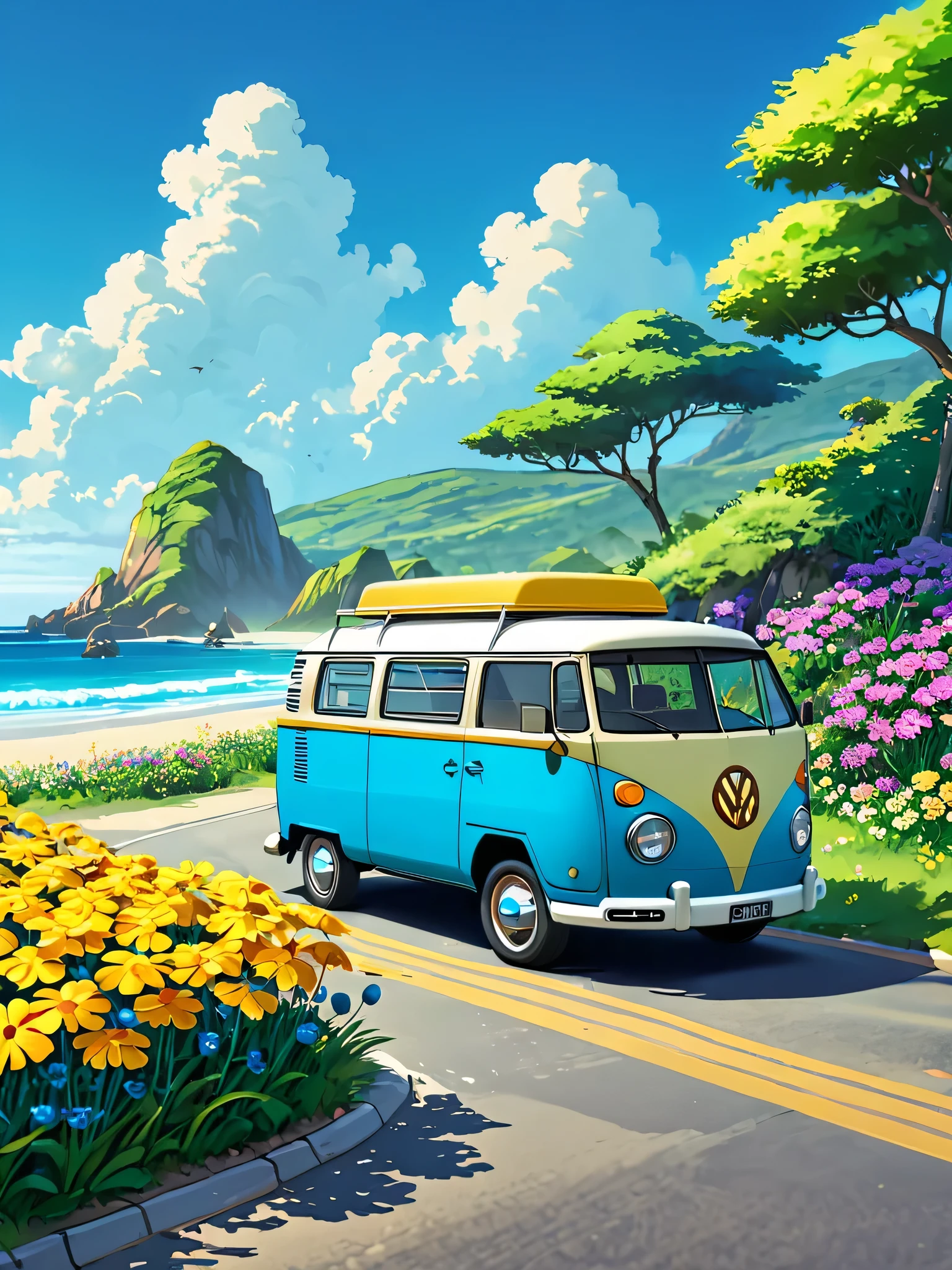 Lofi vibe yellow van parked on a road near a beach with flowers, kombi, wallpaper!, official artwork, vehicle illustration, bulli, official art, blue sky, multicolored flowers, colorful, camping chair, vw microbus driving, hot summertime hippie, background artwork, vw bus on a street, microbus, fanart, hippie, commission for high res, background art, spring vibes, 🪔 🎨;🌞🌄, 4k professional painting, game, detailed key anime art, illustation, a beautiful artwork illustration, beautiful digital painting, highly detailed digital painting, beautiful digital artwork, detailed painting 4 k, very detailed digital painting, rich picturesque colors, gorgeous digital painting
