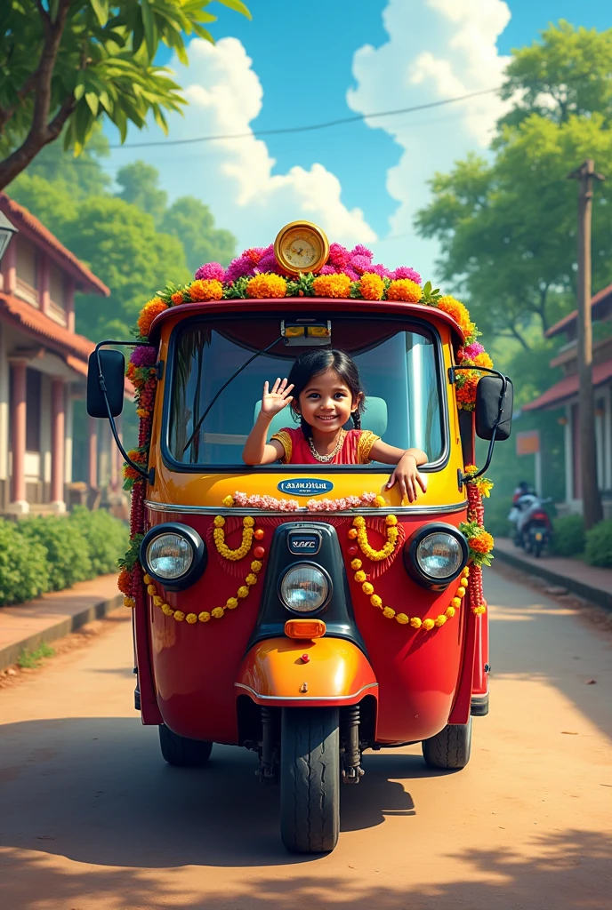 Create a vibrant and lively scene featuring a Sri Lankan tuk-tuk adorned with colorful decorations. The tuk-tuk is parked on a picturesque street with lush greenery and traditional Sri Lankan architecture in the background. A young girl, dressed in traditional Sri Lankan attire, is joyfully leaning out of the tuk-tuk, smiling and waving. The overall mood of the artwork should be cheerful and energetic, capturing the essence of Sri Lankan culture and the fun of riding a tuk-tuk