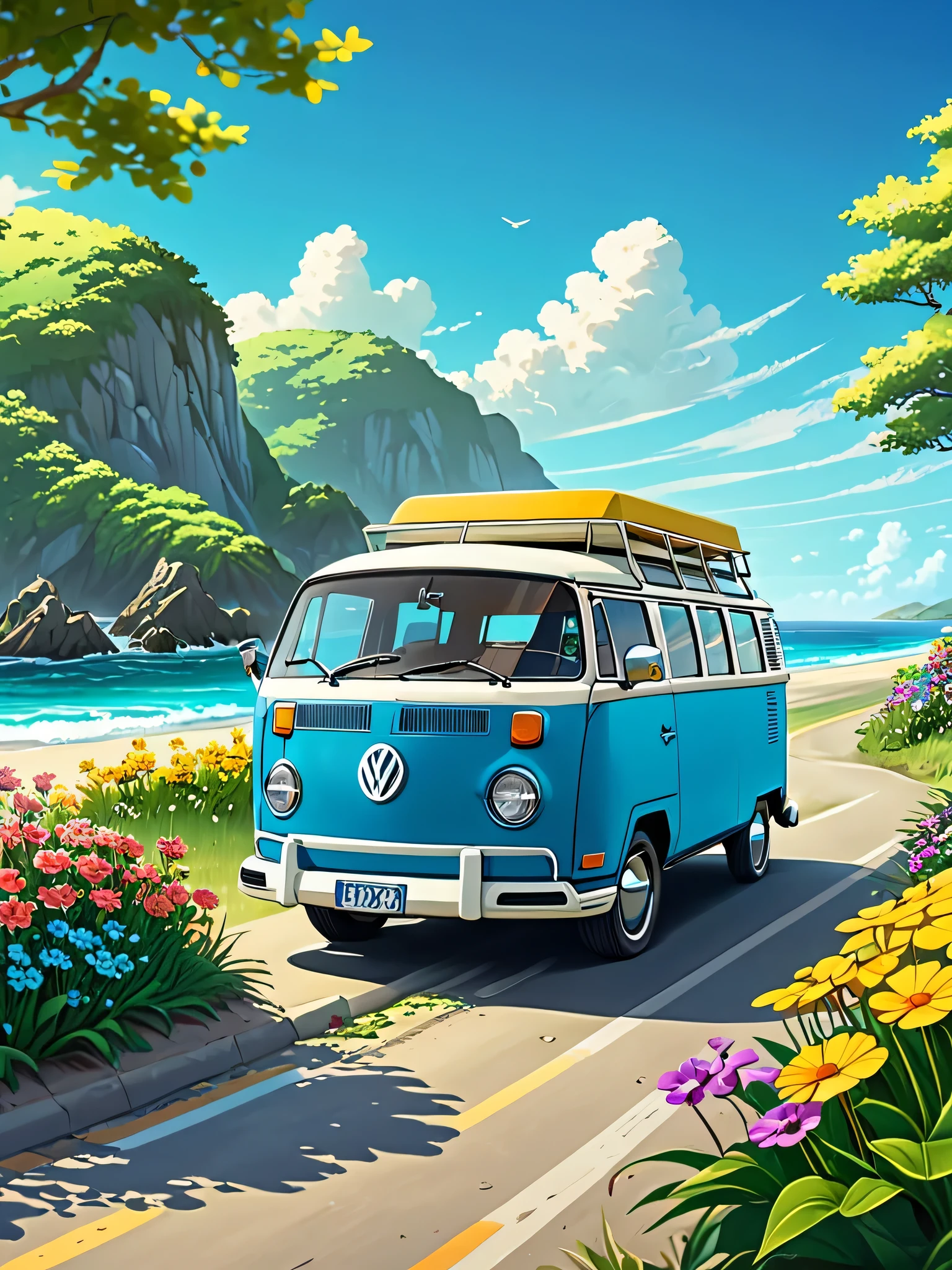 Lofi vibe yellow van parked on a road near a beach with flowers, kombi, wallpaper!, official artwork, vehicle illustration, bulli, official art, blue sky, multicolored flowers, colorful, camping chair, vw microbus driving, hot summertime hippie, background artwork, vw bus on a street, microbus, fanart, hippie, commission for high res, background art, spring vibes, 🪔 🎨;🌞🌄, 4k professional painting, game, detailed key anime art, illustation, a beautiful artwork illustration, beautiful digital painting, highly detailed digital painting, beautiful digital artwork, detailed painting 4 k, very detailed digital painting, rich picturesque colors, gorgeous digital painting