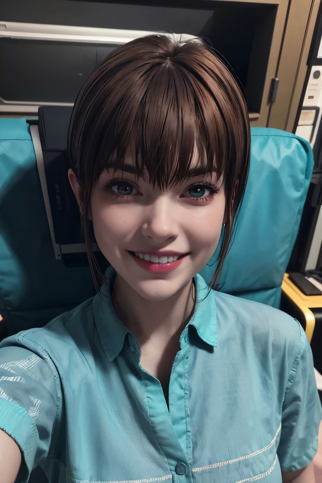 garota sozinha, camisa branca de botão, calça preta, brown hair, aqua eyes, grin, shy, parted lips, happy, Hyperrealism, Realism, Futurism, UHD, masterpiece, high details, best quality, 16k