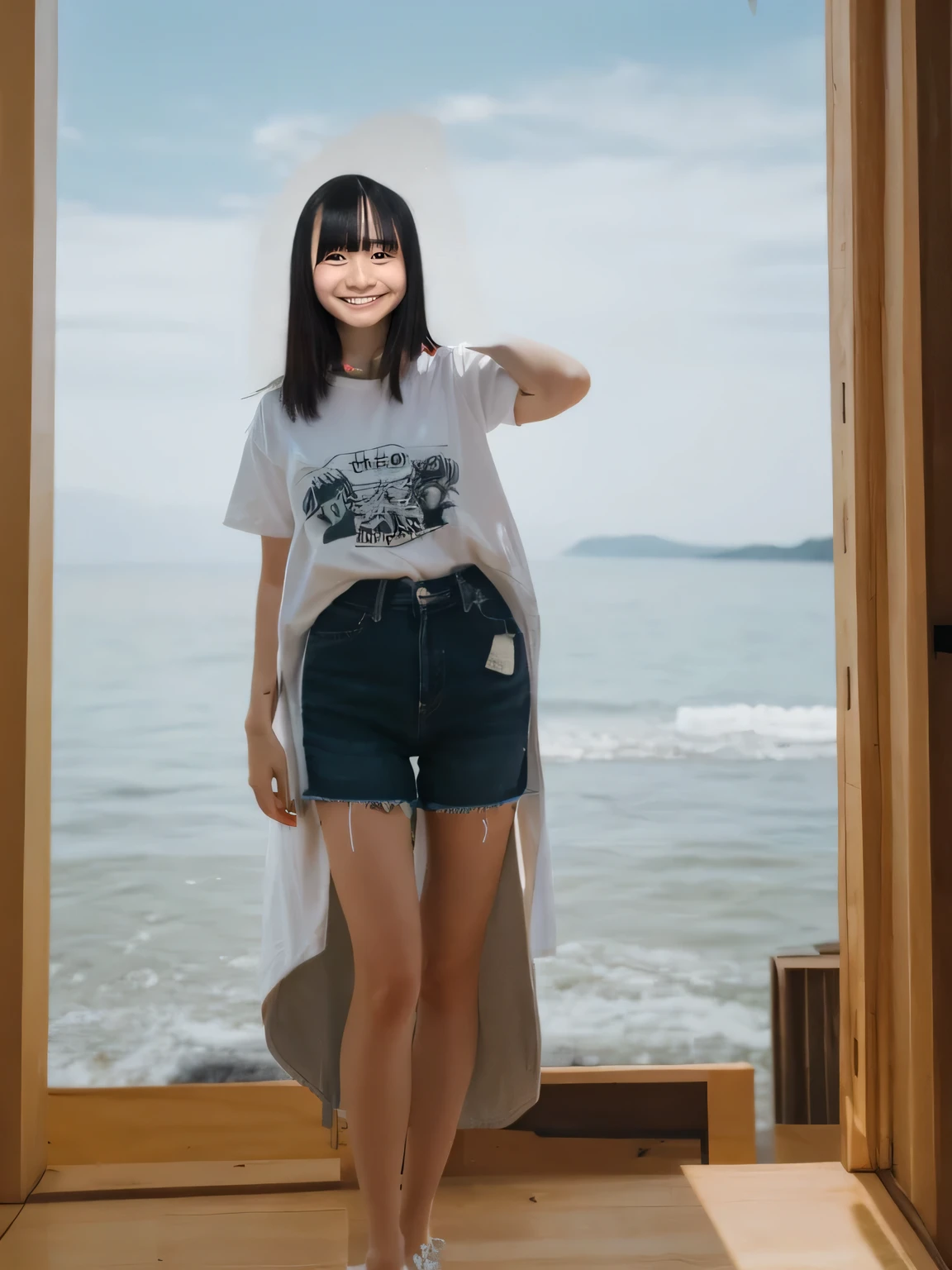 Highest quality,Super detailed,A woman looking at the camera on the beach at Enoshima,Wearing a white T-shirt,Long black denim shorts,Posing for a photo,Distant scenery is blurry