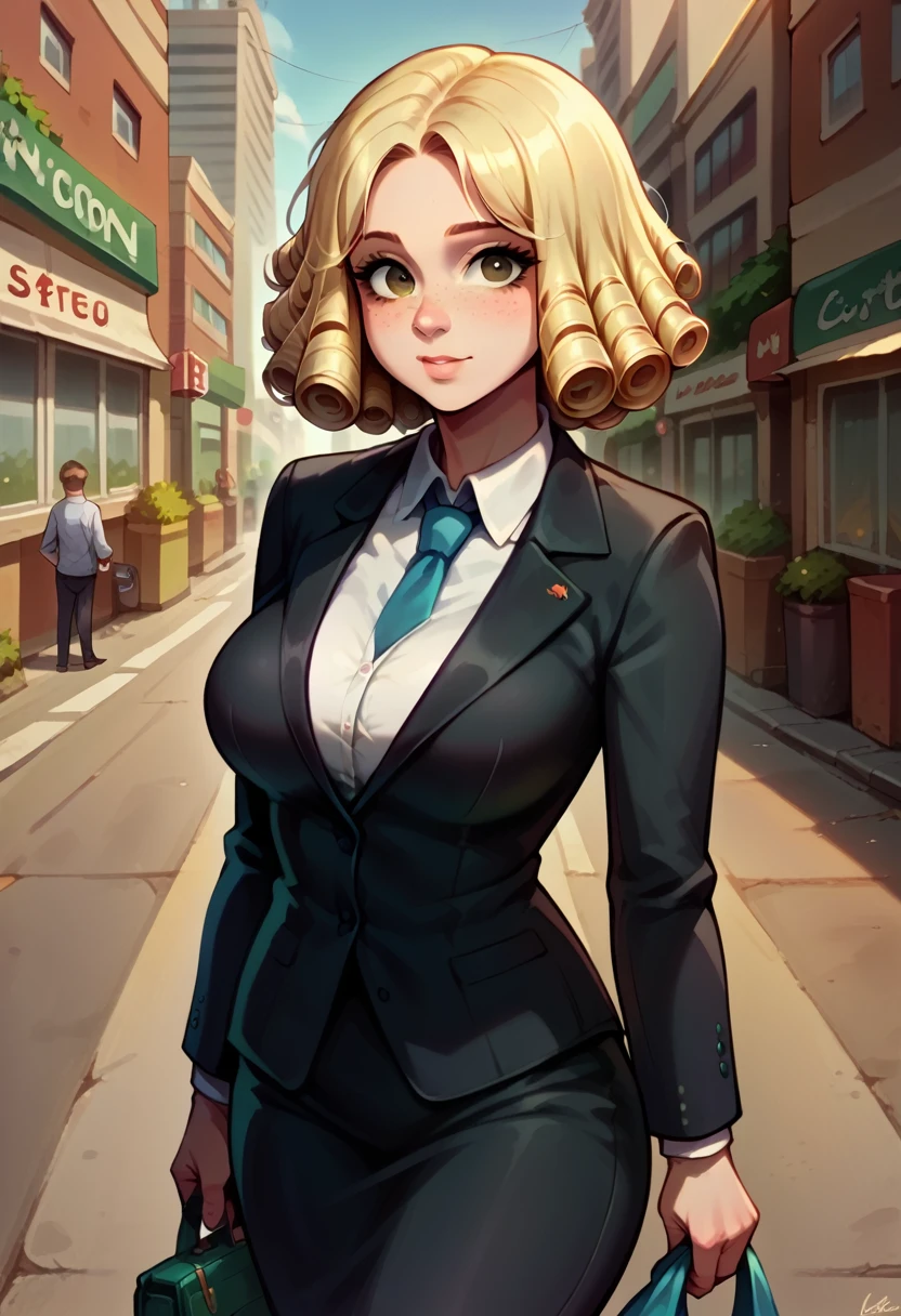 illustration, detailed illustration, ultra detailed, dynamic angle, 1girl, medium blonde hair, hair in ringlets, big brown eyes, light freckles, cute, large breasts, business suit, seriois look, city street
