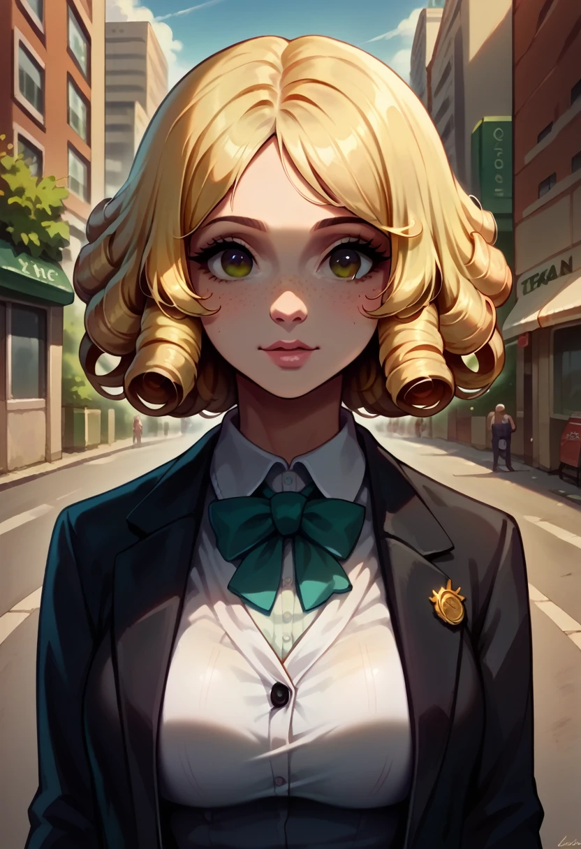 illustration, detailed illustration, ultra detailed, dynamic angle, 1girl, medium blonde hair, hair in ringlets, big brown eyes, light freckles, cute, large breasts, business suit, seriois look, city street
