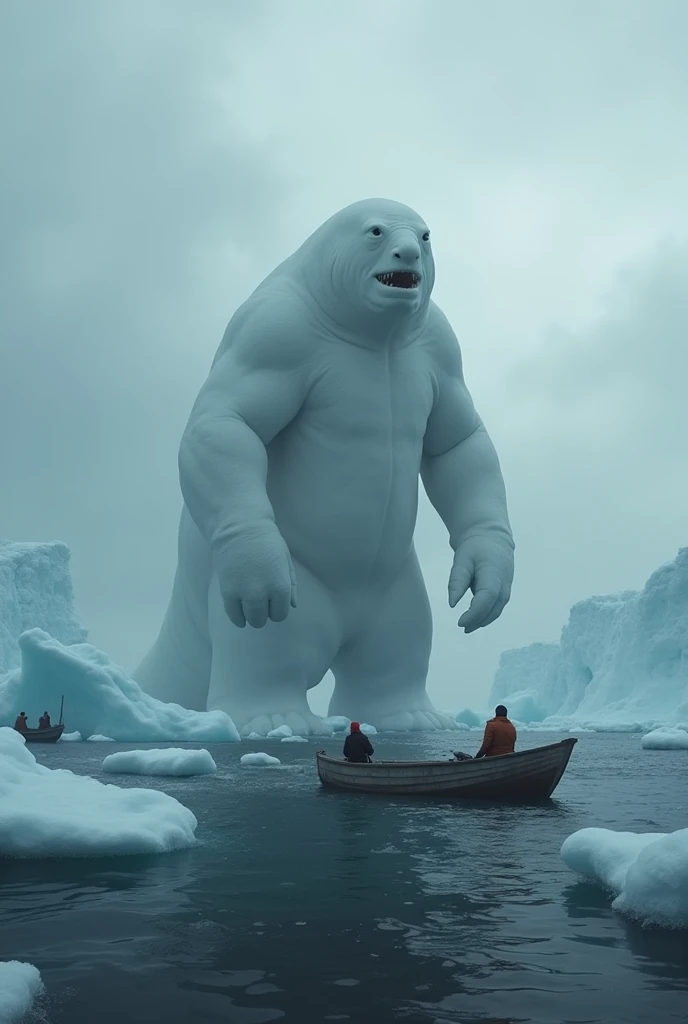 monster, Big body type, Standing in the sea, Smooth surface, the whole body is white, I can't stand it, cough, There are small fishing boats around., There are icebergs around, A spectacular sight, heavy atmosphere, Surrealism, Chiaroscuro, Cinema Lighting, Wide Shot, masterpiece, Accurate, Super Detail, Attention to detail, Highest quality