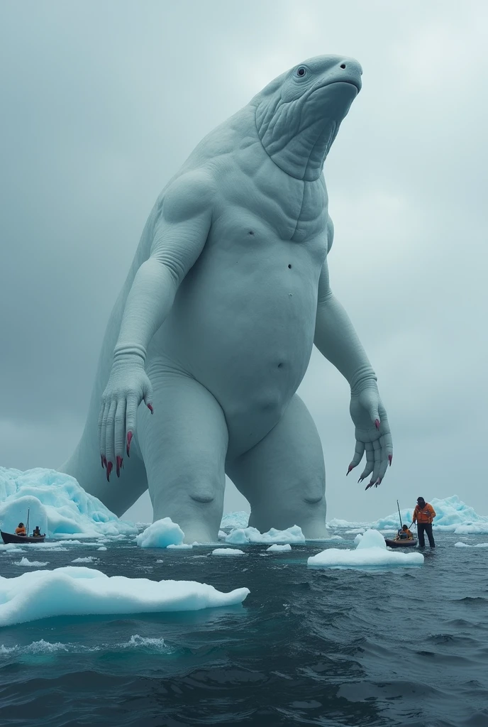 monster, Big body type, Standing in the sea, Smooth surface, the whole body is white, I can't stand it, cough, There are small fishing boats around., There are icebergs around, A spectacular sight, heavy atmosphere, Surrealism, Chiaroscuro, Cinema Lighting, Wide Shot, masterpiece, Accurate, Super Detail, Attention to detail, Highest quality
