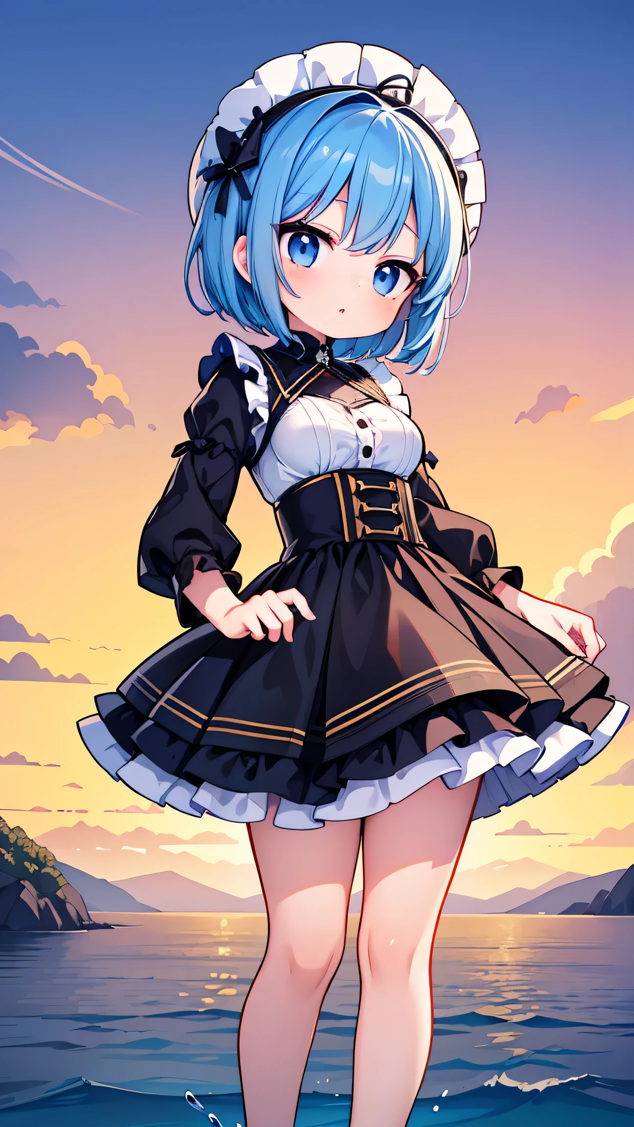 (8k, Best image quality, Highest quality, masterpiece), Detailed face, ((Loli girl)), (Small Loli Curves) , Blue Hair, short hair、black eye,Long eyelashes、 Large Breasts, ,Are standing、Front view、 Various clothes((Detailed hands and fingers)),、Beautiful background