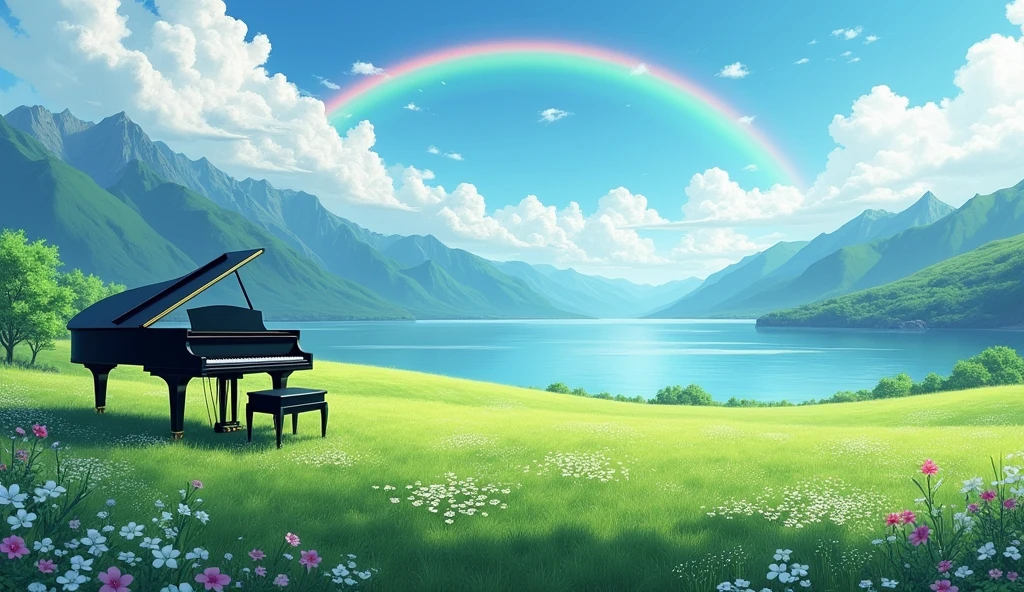 「A black grand piano standing in a lush green field、A rainbow over a lake and a majestic mountain range、Tranquil scenery」
Big rainbow arch light: Asahi、Soft light season: Summer painting style: Photo style、
others: fog、Colorful flowers、