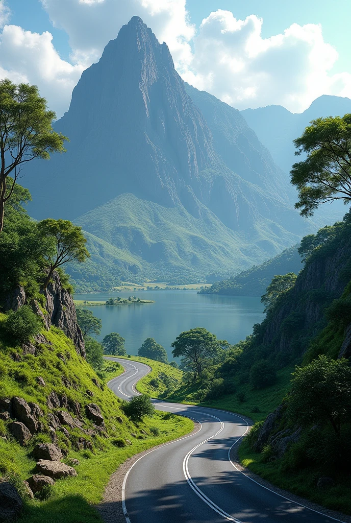 Landscape with road and Peña de la Cruz in Jinotega, Nicaragua and Lake Apanas