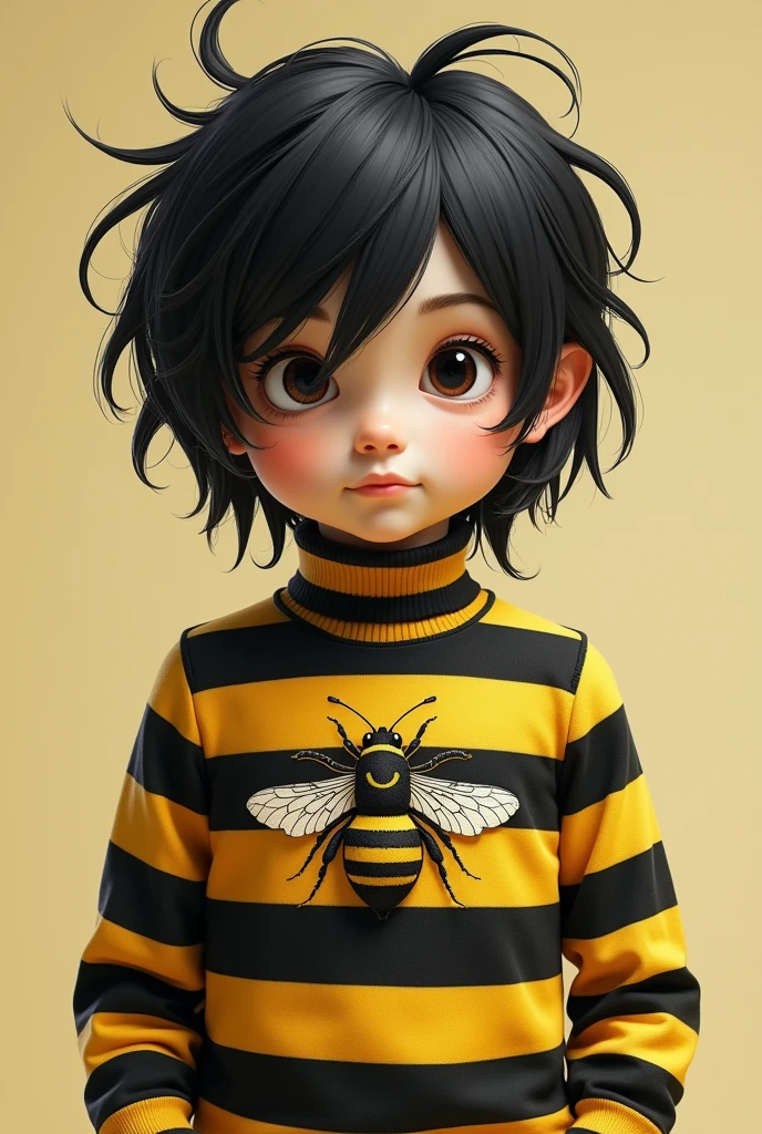 A boy with long, straight hair sticking up in a black and yellow striped outfit with a bee design in the middle of the shirt