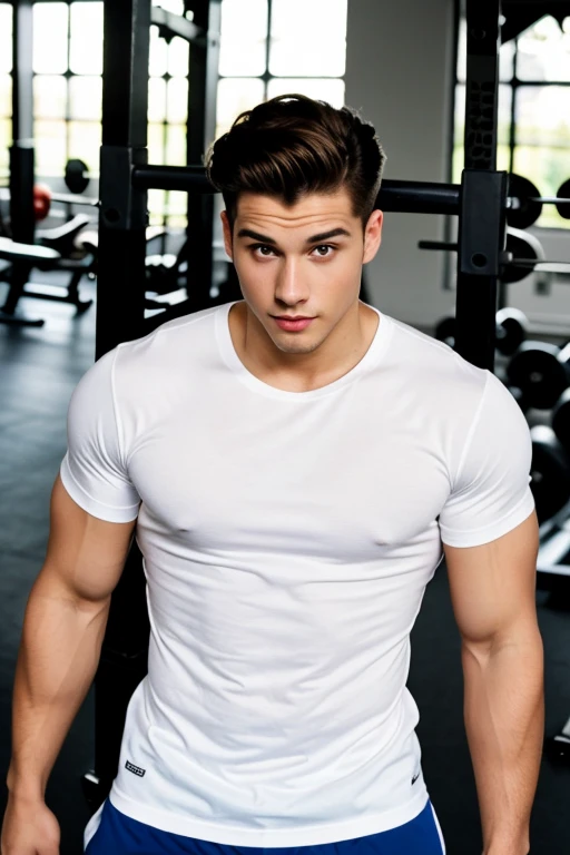 Handsome; 20s; male; realistic; with a white T-shirt; gym