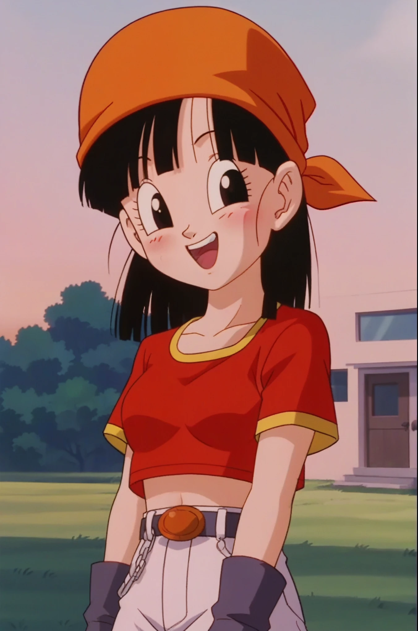 source_anime, score_9, score_8_up, score_7_up, anime screencap,
pangt, 1girl, smile, bangs, happy, blushing, grass, black hair, field, sunset, Watching the sunset, collarbone, whole body, teeth, blunt bangs, outdoors, black eyes, eyelashes, upper teeth only, close-up, red crop top, bandana, retro artstyle, , 1990s \(style\), orange headwear, medium ass, medium breasts
