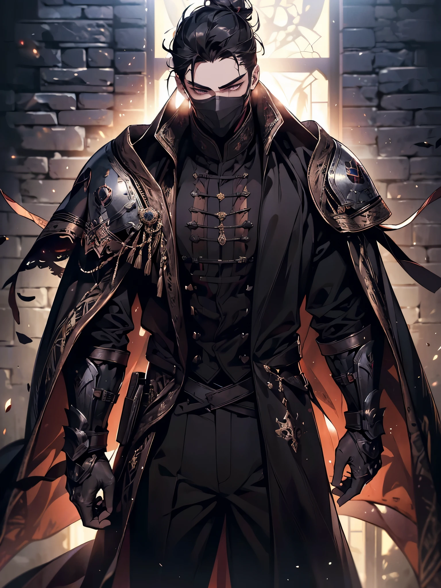 (masterpiece, high quality, cinematic lighting, backlighting, sharp colors)
Tall muscular young man, black hair tied in a bun, dark eyes, compact muscles. Face hidden by a full iron mask, expressionless. Wears medieval robe, leather shirt and pants, armor plates on vital areas. Dark crime scene background, shadowy atmosphere.