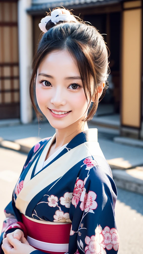 professional lighting,(Photoreal:1.4), (Top image quality:1.0), (超A high resolution:1.0), 8k, Raw photography, (masterpiece:0.2), (Face the children_v1:0.5)、(highest quality Detail:1.2)、realistic、8k uh、High resolution、(1 girl:1.2)、Super detailed、High quality textures、intricate details、detailed、Very detailed CG、High quality shadows、detailed Beautiful and delicate face、Beautiful details and delicate eyes、(symmetrical eyes:1.2),Depth of the bounds written、ray tracing,1 girl, japanese girl, (natural smile:1.4),cute, thin, Portrait of a beautiful Japanese woman wearing a kimono, Standing elegantly on a street corner in Kyoto. Brilliant kimono with traditional patterns, Hair decorated with an elegant and delicate hairpin, and a gentle expression. (Against the backdrop of the old streets of Kyoto:1.4)、soft light on a spring afternoon、adds tranquility to the scene. Rendered in a realistic style with great attention to detail, High resolution images.sky porn, magic hour, (realistic:1.3), finely, quality, (table top:1.2), (realistic:1.2), (highest quality), (Complex details), dramatic, ray tracing, photograph, +roller, colorful、Brilliant、the best beauty