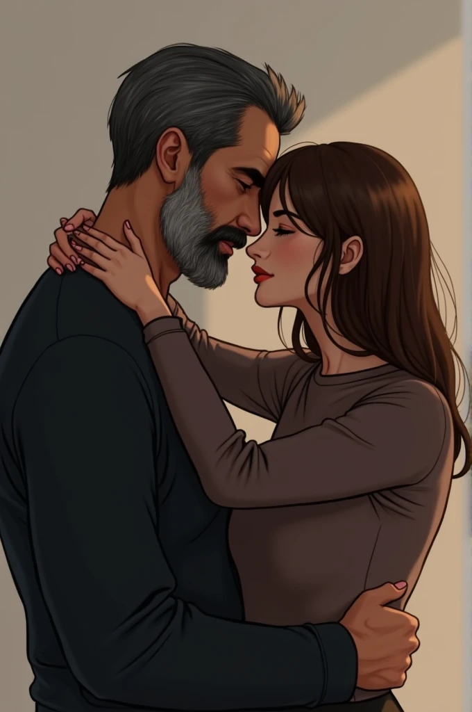 Image of a man with a short black beard and a line in the middle of his chin, somewhat older man with black hair. And black clothes kissing a smaller girl with tender brown hair